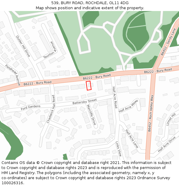 539, BURY ROAD, ROCHDALE, OL11 4DG: Location map and indicative extent of plot