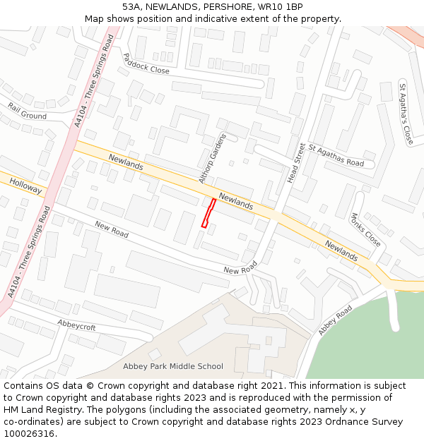 53A, NEWLANDS, PERSHORE, WR10 1BP: Location map and indicative extent of plot