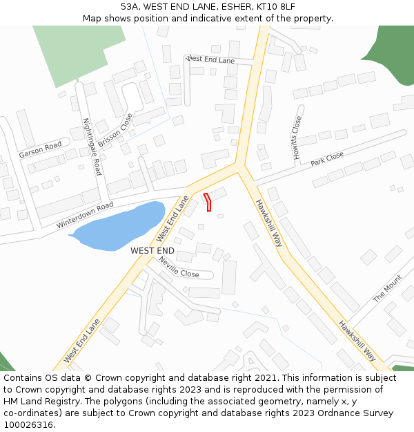 53A, WEST END LANE, ESHER, KT10 8LF: Location map and indicative extent of plot