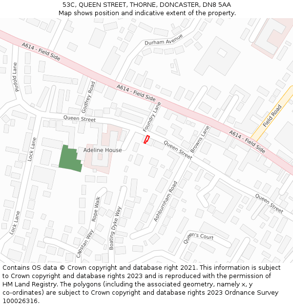 53C, QUEEN STREET, THORNE, DONCASTER, DN8 5AA: Location map and indicative extent of plot