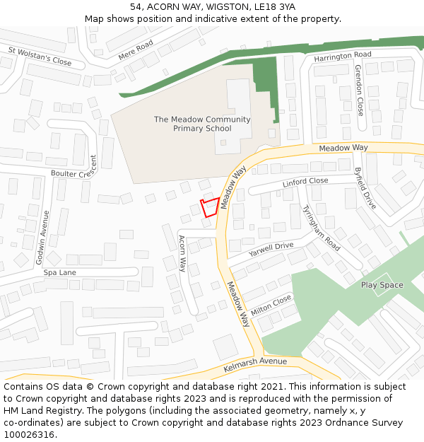 54, ACORN WAY, WIGSTON, LE18 3YA: Location map and indicative extent of plot