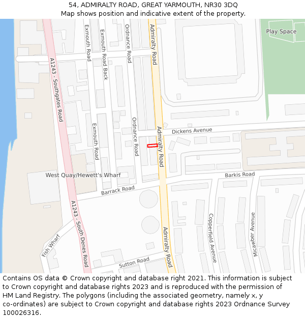 54, ADMIRALTY ROAD, GREAT YARMOUTH, NR30 3DQ: Location map and indicative extent of plot