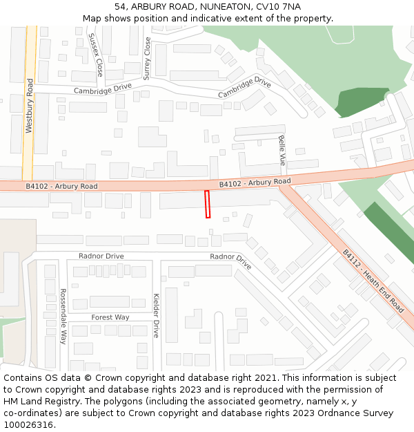 54, ARBURY ROAD, NUNEATON, CV10 7NA: Location map and indicative extent of plot