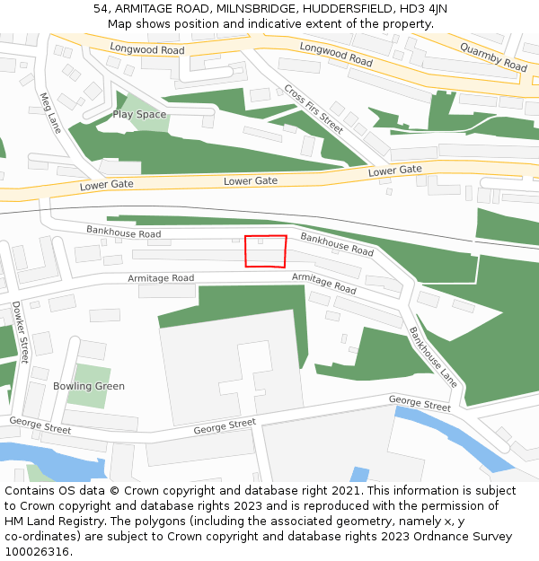 54, ARMITAGE ROAD, MILNSBRIDGE, HUDDERSFIELD, HD3 4JN: Location map and indicative extent of plot