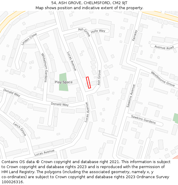 54, ASH GROVE, CHELMSFORD, CM2 9JT: Location map and indicative extent of plot