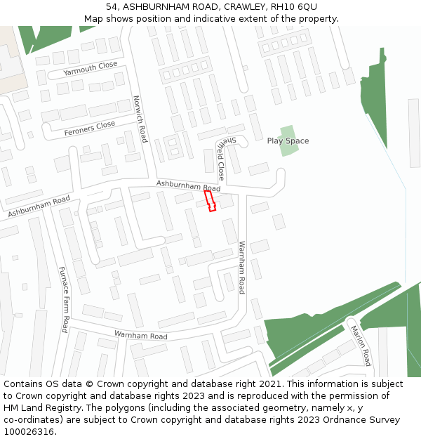 54, ASHBURNHAM ROAD, CRAWLEY, RH10 6QU: Location map and indicative extent of plot