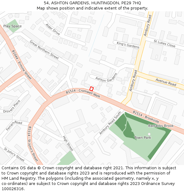 54, ASHTON GARDENS, HUNTINGDON, PE29 7HQ: Location map and indicative extent of plot