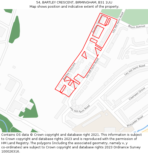 54, BARTLEY CRESCENT, BIRMINGHAM, B31 1UU: Location map and indicative extent of plot