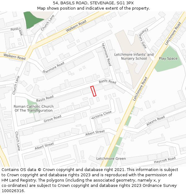 54, BASILS ROAD, STEVENAGE, SG1 3PX: Location map and indicative extent of plot