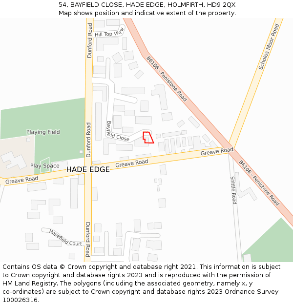 54, BAYFIELD CLOSE, HADE EDGE, HOLMFIRTH, HD9 2QX: Location map and indicative extent of plot