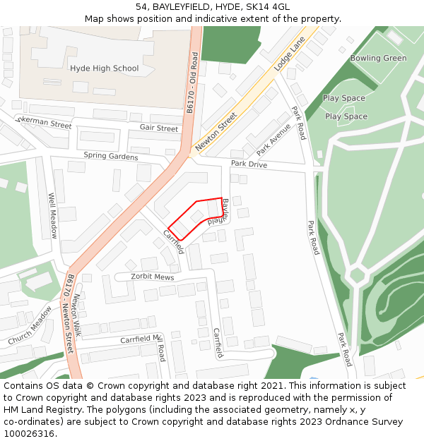 54, BAYLEYFIELD, HYDE, SK14 4GL: Location map and indicative extent of plot