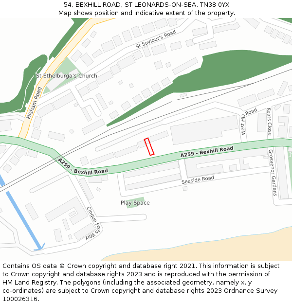54, BEXHILL ROAD, ST LEONARDS-ON-SEA, TN38 0YX: Location map and indicative extent of plot