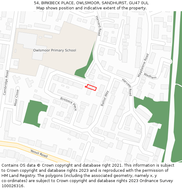 54, BIRKBECK PLACE, OWLSMOOR, SANDHURST, GU47 0UL: Location map and indicative extent of plot