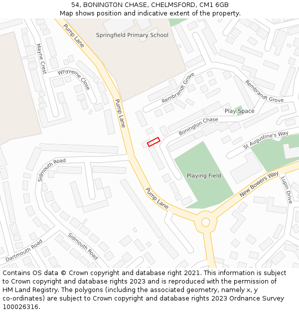 54, BONINGTON CHASE, CHELMSFORD, CM1 6GB: Location map and indicative extent of plot