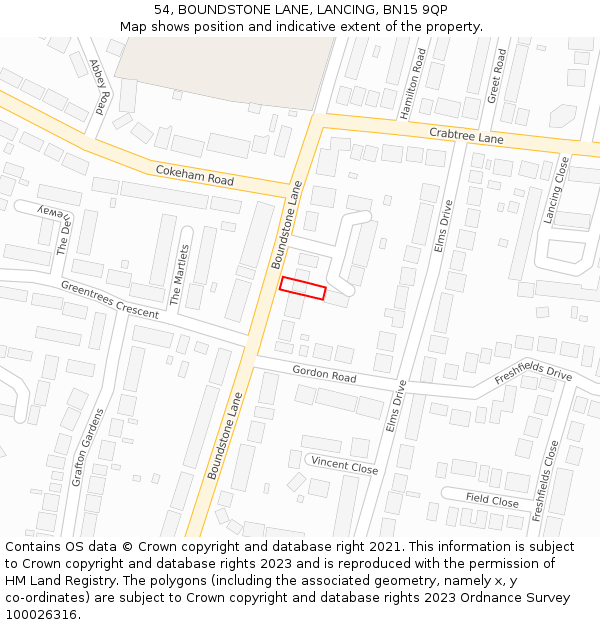 54, BOUNDSTONE LANE, LANCING, BN15 9QP: Location map and indicative extent of plot