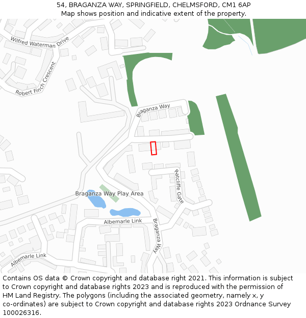 54, BRAGANZA WAY, SPRINGFIELD, CHELMSFORD, CM1 6AP: Location map and indicative extent of plot