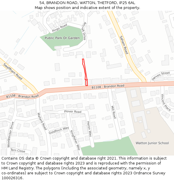 54, BRANDON ROAD, WATTON, THETFORD, IP25 6AL: Location map and indicative extent of plot