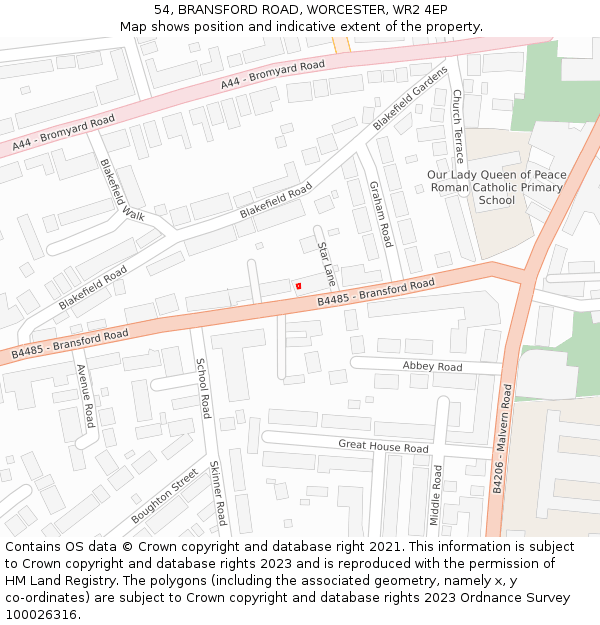 54, BRANSFORD ROAD, WORCESTER, WR2 4EP: Location map and indicative extent of plot