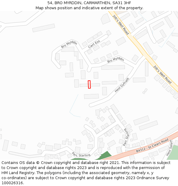 54, BRO MYRDDIN, CARMARTHEN, SA31 3HF: Location map and indicative extent of plot