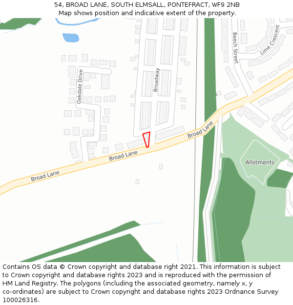 54, BROAD LANE, SOUTH ELMSALL, PONTEFRACT, WF9 2NB: Location map and indicative extent of plot