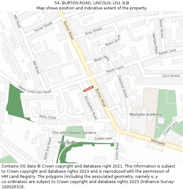 54, BURTON ROAD, LINCOLN, LN1 3LB: Location map and indicative extent of plot
