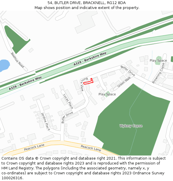 54, BUTLER DRIVE, BRACKNELL, RG12 8DA: Location map and indicative extent of plot