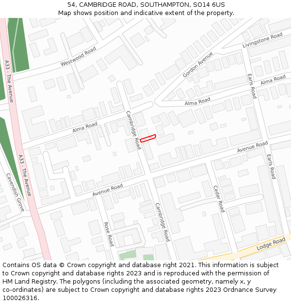 54, CAMBRIDGE ROAD, SOUTHAMPTON, SO14 6US: Location map and indicative extent of plot