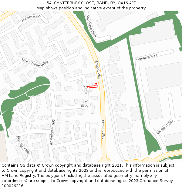 54, CANTERBURY CLOSE, BANBURY, OX16 4FF: Location map and indicative extent of plot