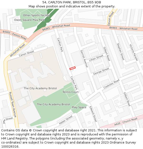 54, CARLTON PARK, BRISTOL, BS5 9DB: Location map and indicative extent of plot