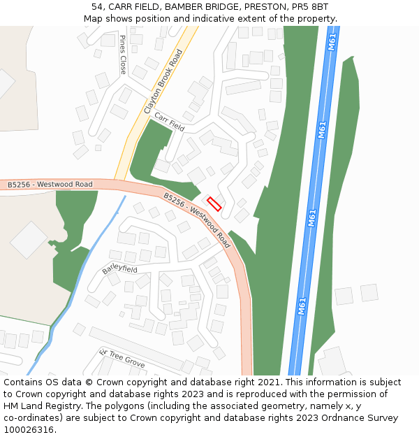 54, CARR FIELD, BAMBER BRIDGE, PRESTON, PR5 8BT: Location map and indicative extent of plot