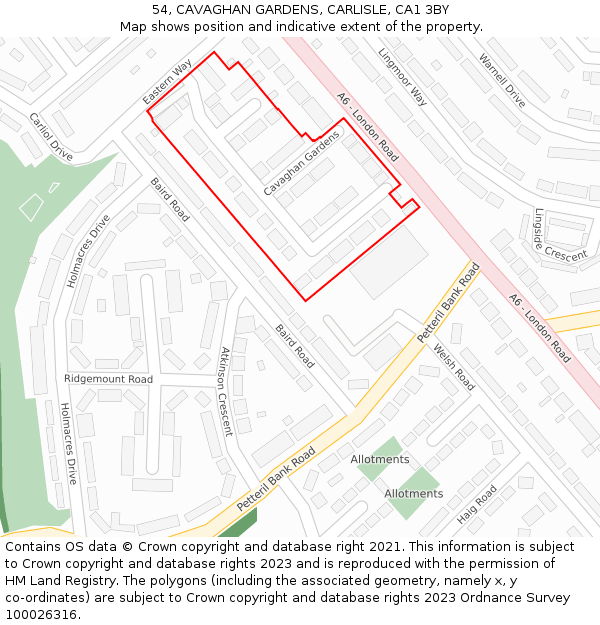 54, CAVAGHAN GARDENS, CARLISLE, CA1 3BY: Location map and indicative extent of plot