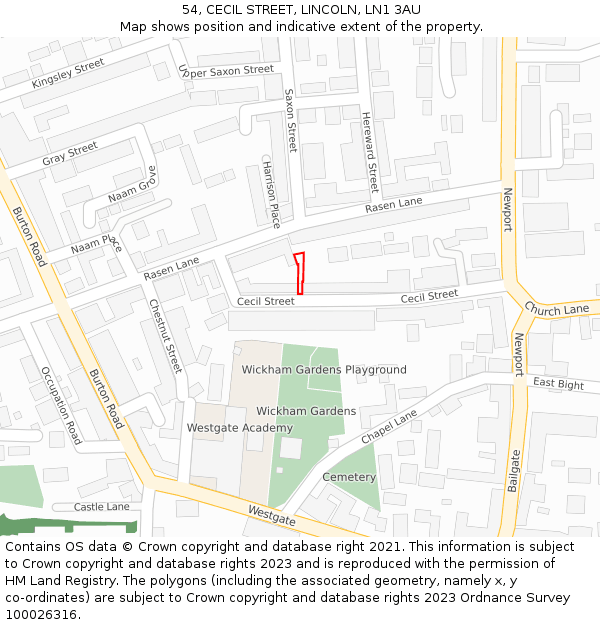 54, CECIL STREET, LINCOLN, LN1 3AU: Location map and indicative extent of plot