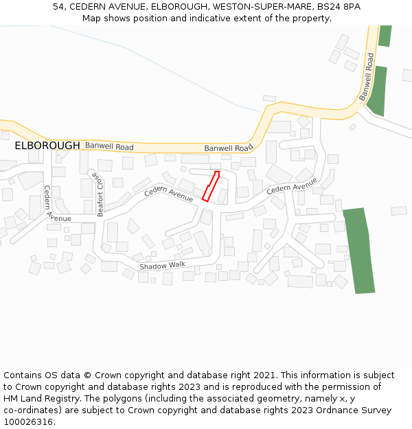 54, CEDERN AVENUE, ELBOROUGH, WESTON-SUPER-MARE, BS24 8PA: Location map and indicative extent of plot