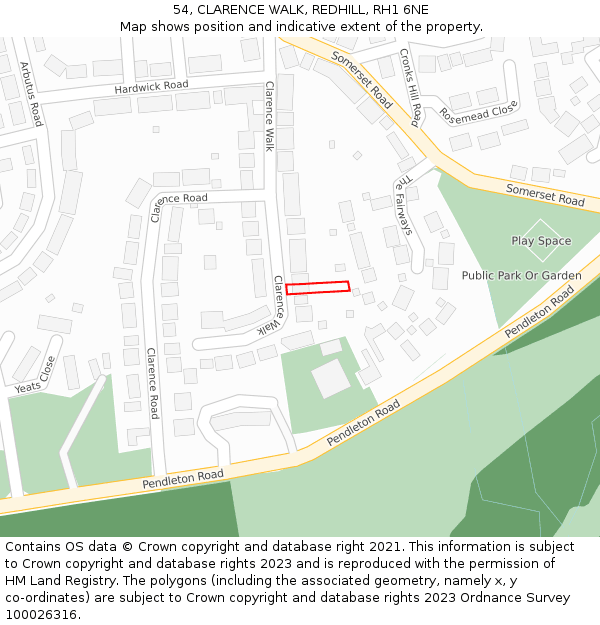 54, CLARENCE WALK, REDHILL, RH1 6NE: Location map and indicative extent of plot