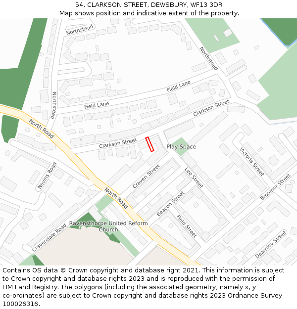 54, CLARKSON STREET, DEWSBURY, WF13 3DR: Location map and indicative extent of plot