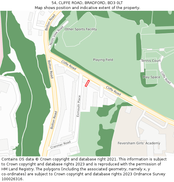 54, CLIFFE ROAD, BRADFORD, BD3 0LT: Location map and indicative extent of plot