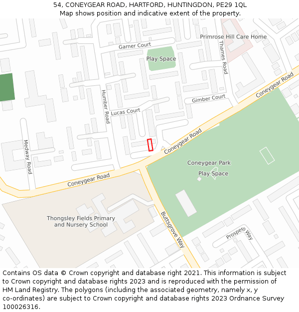 54, CONEYGEAR ROAD, HARTFORD, HUNTINGDON, PE29 1QL: Location map and indicative extent of plot