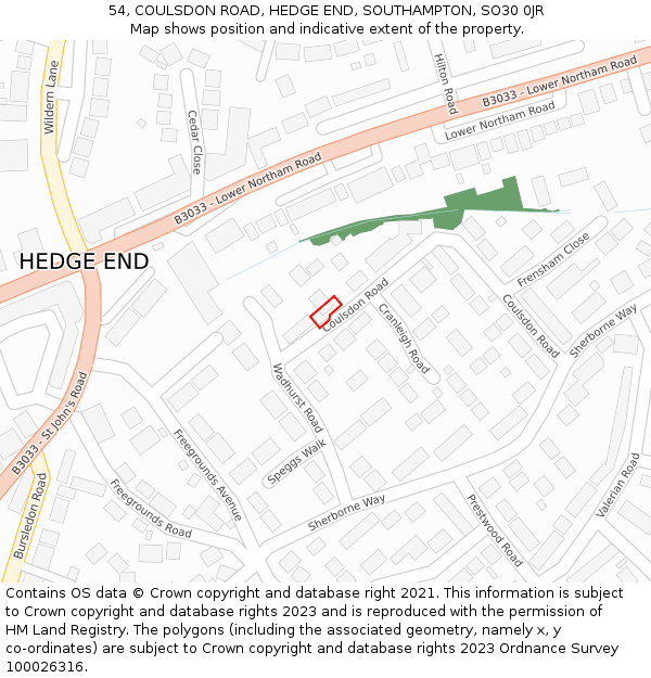 54, COULSDON ROAD, HEDGE END, SOUTHAMPTON, SO30 0JR: Location map and indicative extent of plot