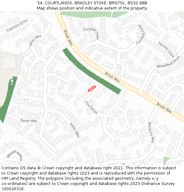 54, COURTLANDS, BRADLEY STOKE, BRISTOL, BS32 9BB: Location map and indicative extent of plot