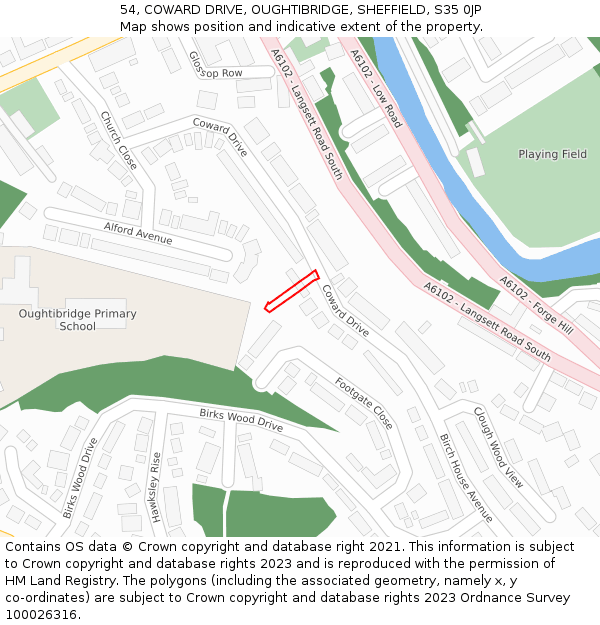 54, COWARD DRIVE, OUGHTIBRIDGE, SHEFFIELD, S35 0JP: Location map and indicative extent of plot