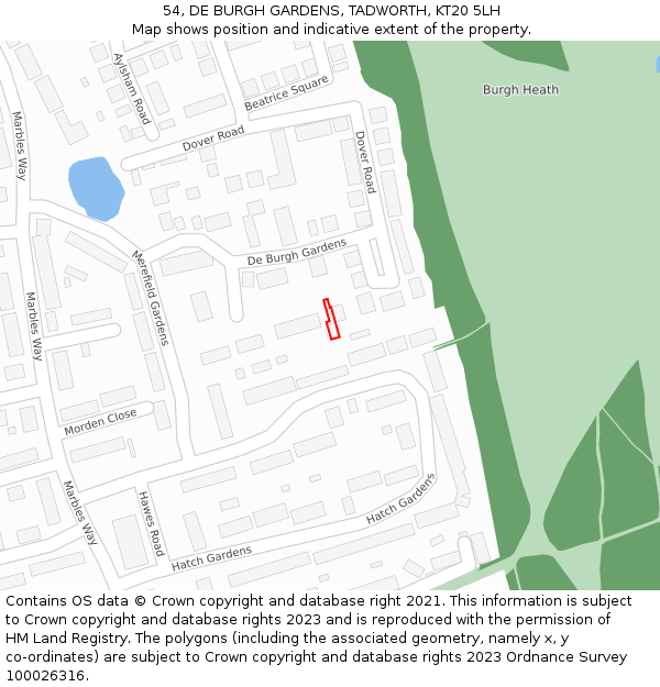 54, DE BURGH GARDENS, TADWORTH, KT20 5LH: Location map and indicative extent of plot