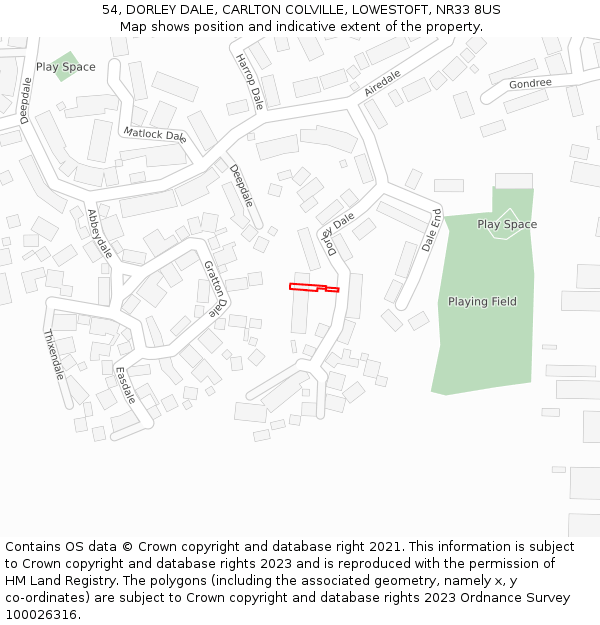 54, DORLEY DALE, CARLTON COLVILLE, LOWESTOFT, NR33 8US: Location map and indicative extent of plot