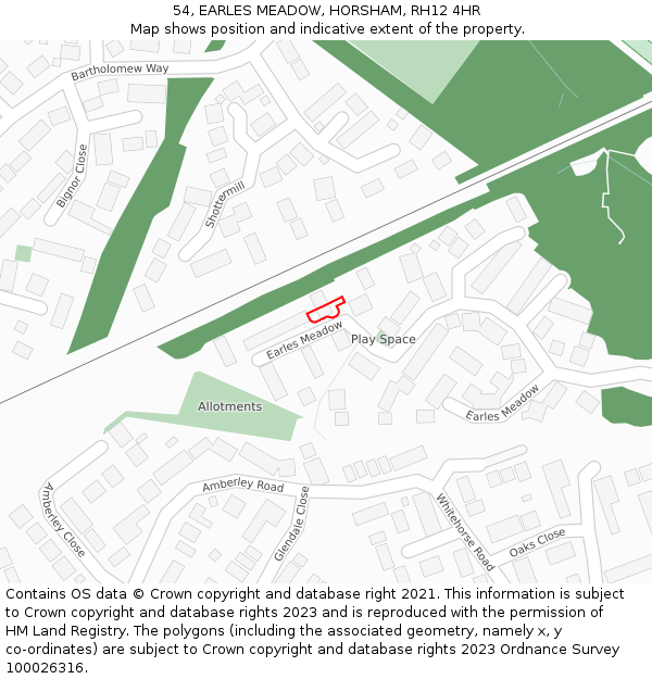 54, EARLES MEADOW, HORSHAM, RH12 4HR: Location map and indicative extent of plot