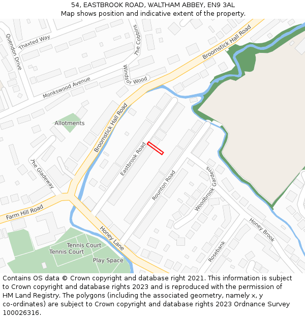 54, EASTBROOK ROAD, WALTHAM ABBEY, EN9 3AL: Location map and indicative extent of plot