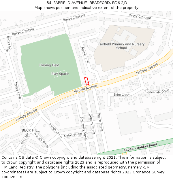 54, FARFIELD AVENUE, BRADFORD, BD6 2JD: Location map and indicative extent of plot