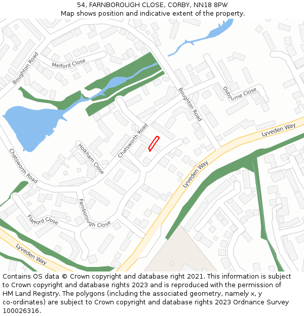 54, FARNBOROUGH CLOSE, CORBY, NN18 8PW: Location map and indicative extent of plot