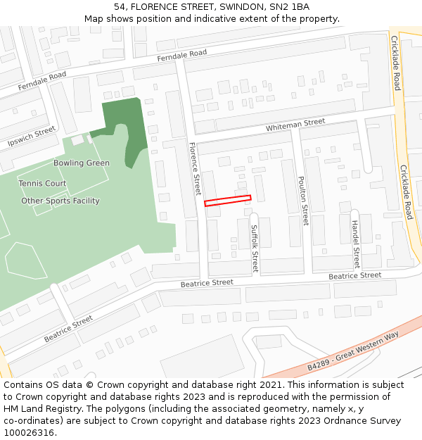 54, FLORENCE STREET, SWINDON, SN2 1BA: Location map and indicative extent of plot