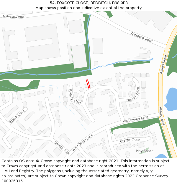 54, FOXCOTE CLOSE, REDDITCH, B98 0PR: Location map and indicative extent of plot