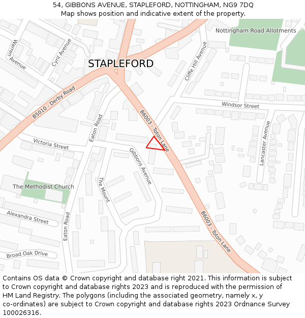 54, GIBBONS AVENUE, STAPLEFORD, NOTTINGHAM, NG9 7DQ: Location map and indicative extent of plot