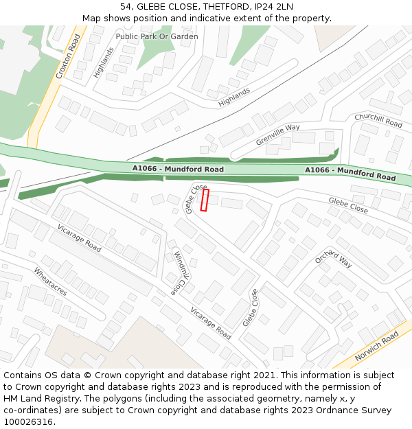 54, GLEBE CLOSE, THETFORD, IP24 2LN: Location map and indicative extent of plot